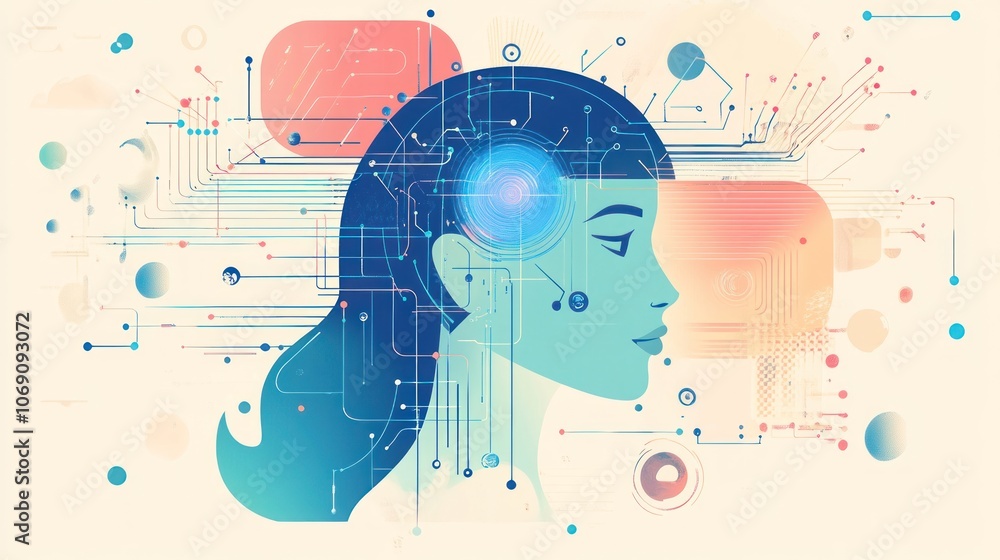 Poster abstract illustration of a woman's profile with digital circuitry and a glowing brain, representing 