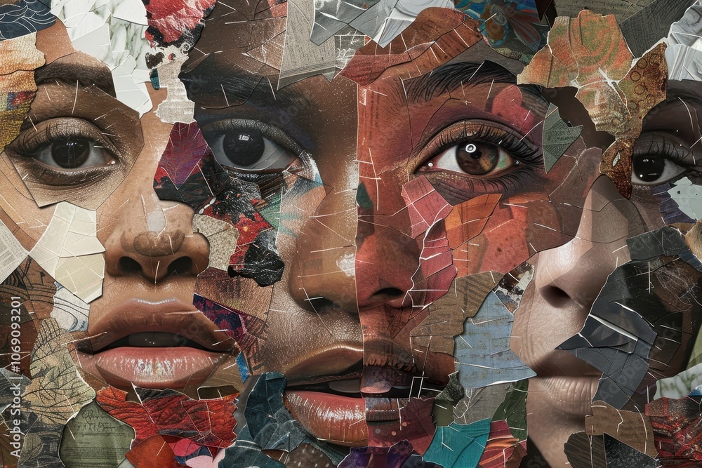 Poster Artistic collage showcasing diverse faces with intricately layered textures and colors, representing unity and individuality in a vibrant display