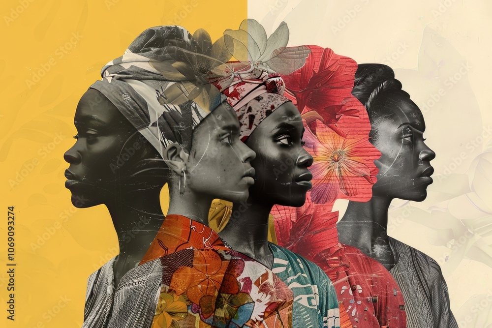 Aufkleber artistic collage showcasing diverse faces with intricately layered textures and colors, representing