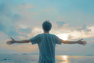 Rear view of Asian young man open arms and feel free  full length portrait.