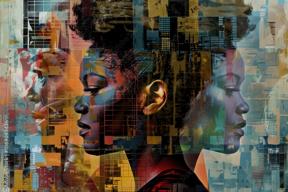 Poster Artistic collage showcasing diverse faces with intricately layered textures and colors, representing unity and individuality in a vibrant display