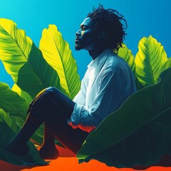 Stylized Portraits of Individuals in White Clothing Posed with Lush Tropical Leaves Against a Blue Background