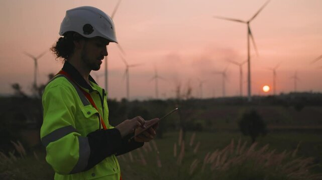 Renewable energy male engineer use tablet working outdoors at sunset on wind turbine farm. Technician worker working on windmill project. Engineer research clean ecology and environment green energy. 