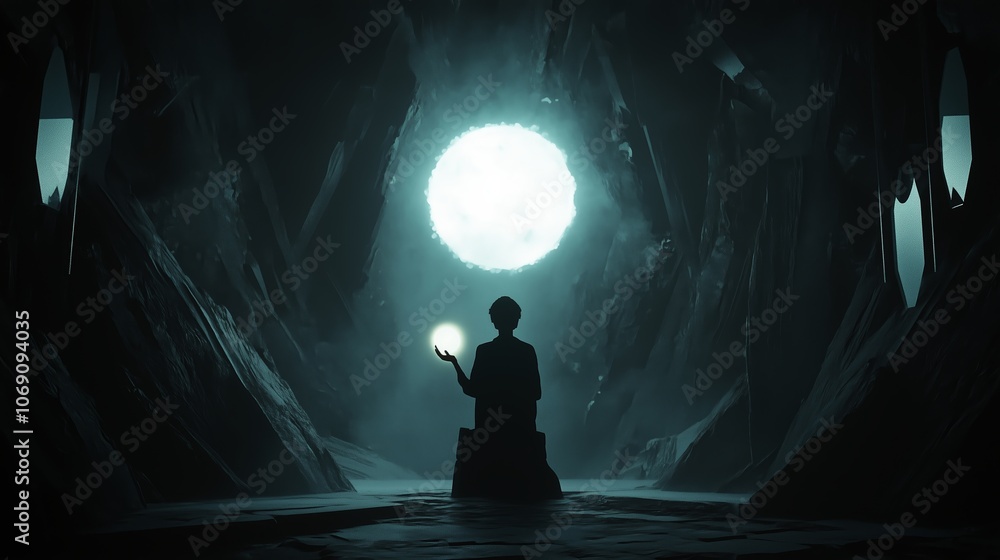 Aufkleber a figure meditates in a dark cave, illuminated by a glowing orb, creating a serene atmosphere in a m