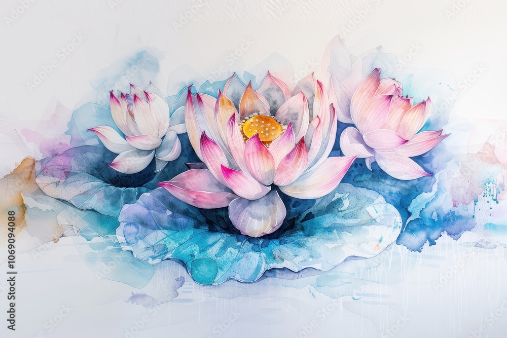 Poster colorful water lilies floating serenely on a calm surface, creating a tranquil and beautiful natural