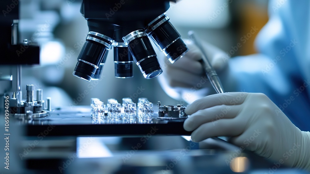 Poster a close-up of an engineer assembling a complex biomedical device, with precision tools and component