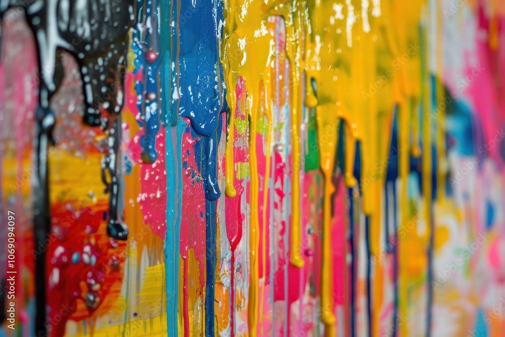Aufkleber Colorful paint drips create an artistic display on a textured surface in an indoor setting, showcasing various hues mixing together in a visually engaging manner