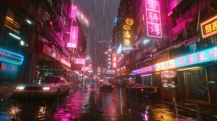 Neon-Lit Rainy Urban Nightscape