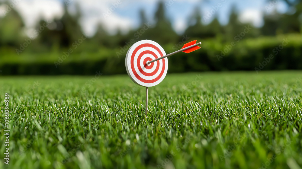Poster archery target with arrow embedded in grass, showcasing precision and focus