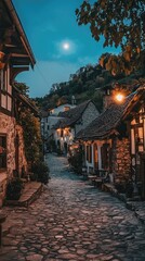 Naklejka premium Picturesque Village Square Under Moonlight Night