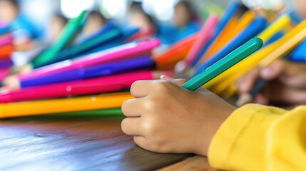 Obraz premium Child hand holding green pencil surrounded by colorful pencils on a wooden table, creating an engaging and creative art classroom atmosphere, perfect for school, creativity, and learning themes.