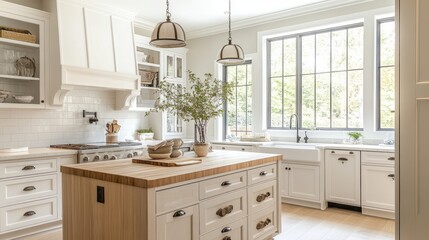 Modern Kitchen Island with Wooden Countertop and White Cabinets