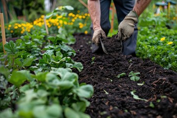 Gardener working diligently in a lush vegetable garden during spring, preparing soil while surrounded by vibrant flowers in a sunny outdoor setting