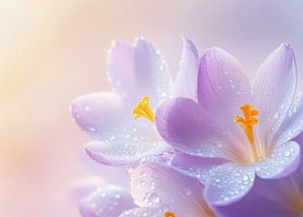 Close-up of delicate purple crocus flower with dew drops.