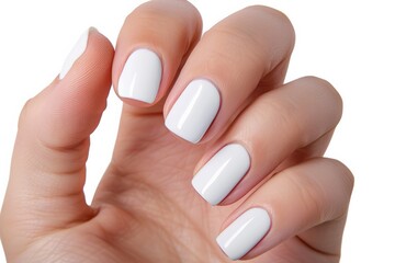 Close-up of a hand with neatly manicured white nails, showcasing clean and polished nail care, ideal for beauty and self-care themes.