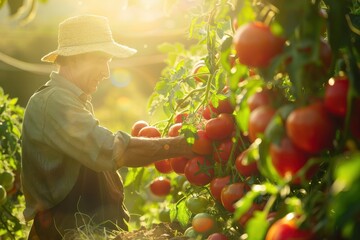 A farmer inspects ripe tomatoes in a greenhouse during sunset, surrounded by lush green plants under warm sunlight, highlighting the day's harvest