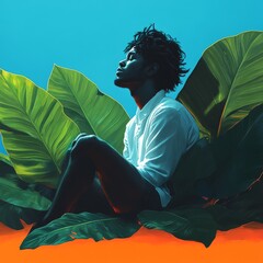 Creative Art Portraits Highlighting Models in White Outfits Surrounded by Green Tropical Foliage Under a Vivid Blue Sky