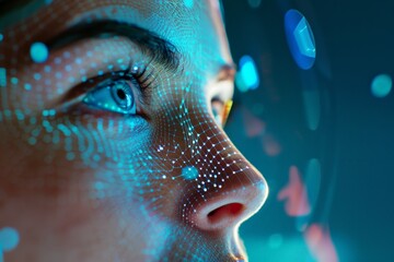 A futuristic facial recognition grid projected on a womans face, symbolizing advanced AI technology, biometric scanning, and digital security concepts.