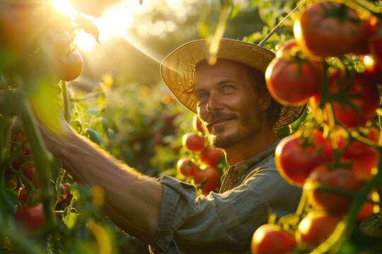 A farmer inspects ripe tomatoes in a greenhouse during sunset, surrounded by lush green plants under warm sunlight, highlighting the day's harvest