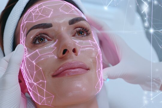 A close-up of a woman's face with a futuristic digital mapping grid overlaid, representing facial scanning technology used in AI, beauty treatments, and personalized skincare.