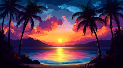 Obraz premium Vibrant tropical sunset over calm waters with palm trees lining a serene beach at dusk