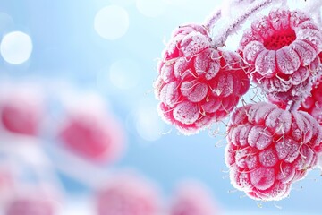 Close-up of frozen raspberries covered in frost, showcasing their vibrant red color and icy...