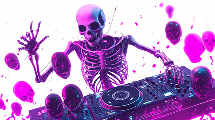 Fototapeta premium A skeleton dj with a broken turntable, surrounded by creepy halloween masks, cyberpunk horror style, neon highlights, isolated on white background. Cyberpunk. Illustration