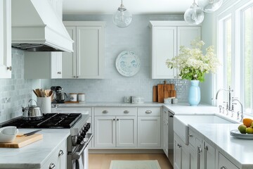 Modern White Kitchen with Marble Countertops and Blue Tile Backsplash