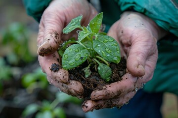 Rain-soaked hands holding a fresh green seedling, close-up. AI generative