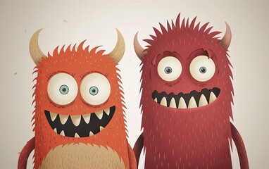 Obraz premium Two cartoon monsters with big eyes and big smiles full of teeth. Imitation of a painted picture. Illustration for banner, poster, cover, brochure or presentation.