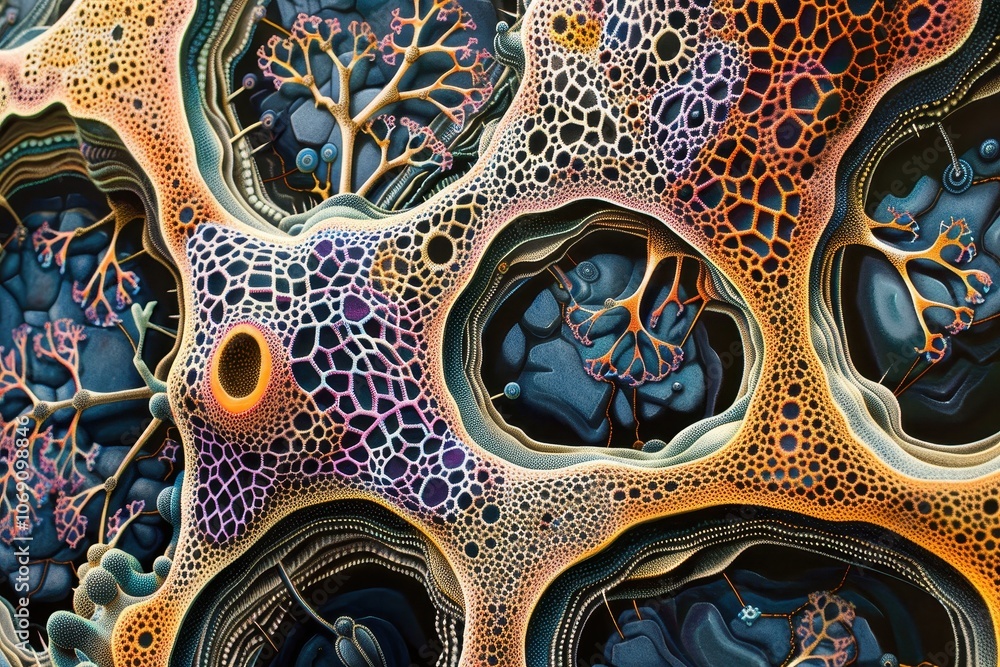 Poster Colorful abstract depiction of intricate cellular structures resembling organic life forms with layered textures in a dark background