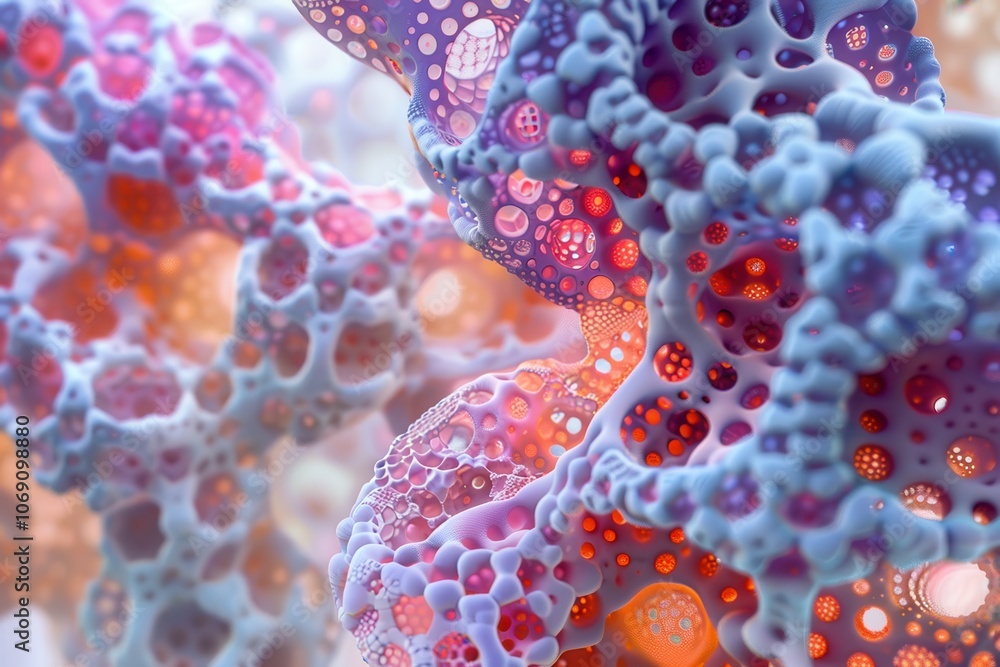 Poster Colorful abstract depiction of intricate cellular structures resembling organic life forms with layered textures in a dark background