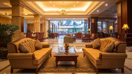 Obraz premium A stylish hotel lobby with a luxurious conference room, spa, and restaurant is waiting for guests. The cozy and inviting atmosphere makes it feel like a relaxing resort.