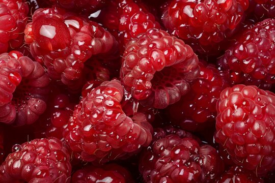 A close-up of fresh, juicy red raspberries covered in water droplets, highlighting their vibrant color and texture.