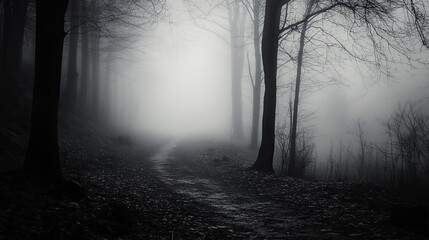 Dark forest without foliage shrouded in fog. Gloomy natural fall background. Illustration for cover, postcard, interior design, poster or presentation.