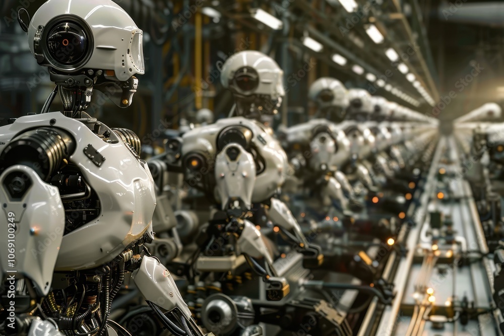 Leinwandbilder Automated assembly line featuring robotic arms working in a high-tech factory setting during peak production hours