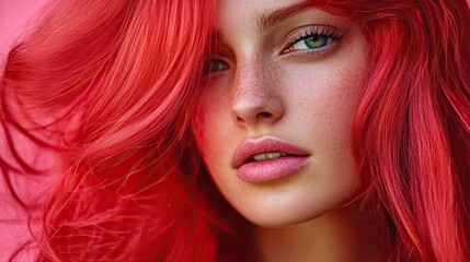 Obraz premium Long female hair coloured in intense red colour. Hair colouring in modern shades. Cherry red hair styled in smooth, loose waves. Illustration for cover, advertising, marketing or presentation.