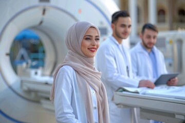 Fototapeta premium Arab female doctor in hijab poses at modern clinic