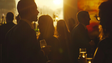 Silhouetted people socializing with drinks at sunset-lit event