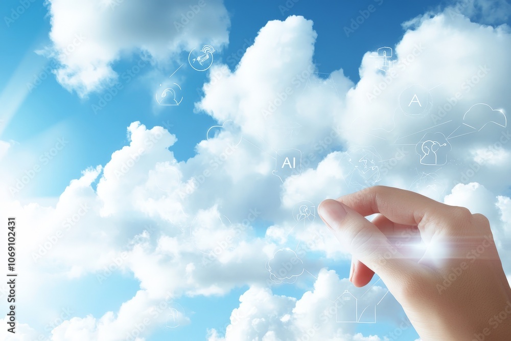 Poster cloud in a clear blue sky with hand reaching symbolizing cloud storage digital transformation and vi