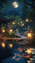 Serene Zen Garden with Lanterns at Night