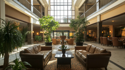 Fototapeta premium A stylish hotel lobby with a luxurious conference room, spa, and restaurant is waiting for guests. The cozy and inviting atmosphere makes it feel like a relaxing resort.