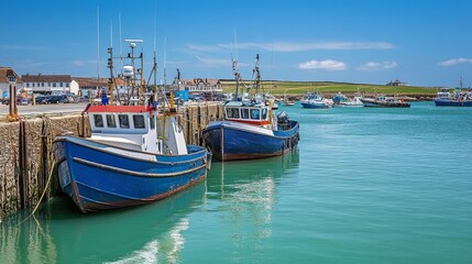 Scenic view of fishing boat docked by a tranquil harbor under a clear blue sky.