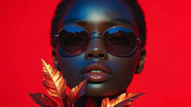 Close-Up Portrait of Model Wearing Sunglasses and Red Leaves on a Deep Red Backdrop