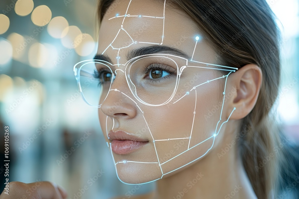 Poster woman with biometric facial grid overlay representing facial recognition digital identity and modern