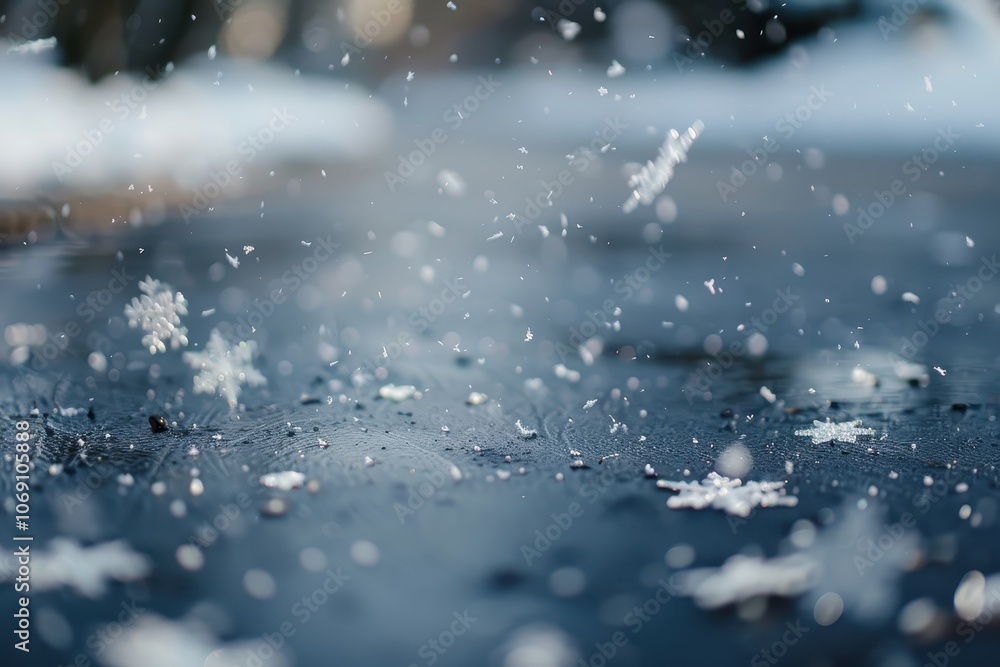 Poster delicate snowflakes fall on a glistening surface, creating a breathtaking winter scene illuminated b