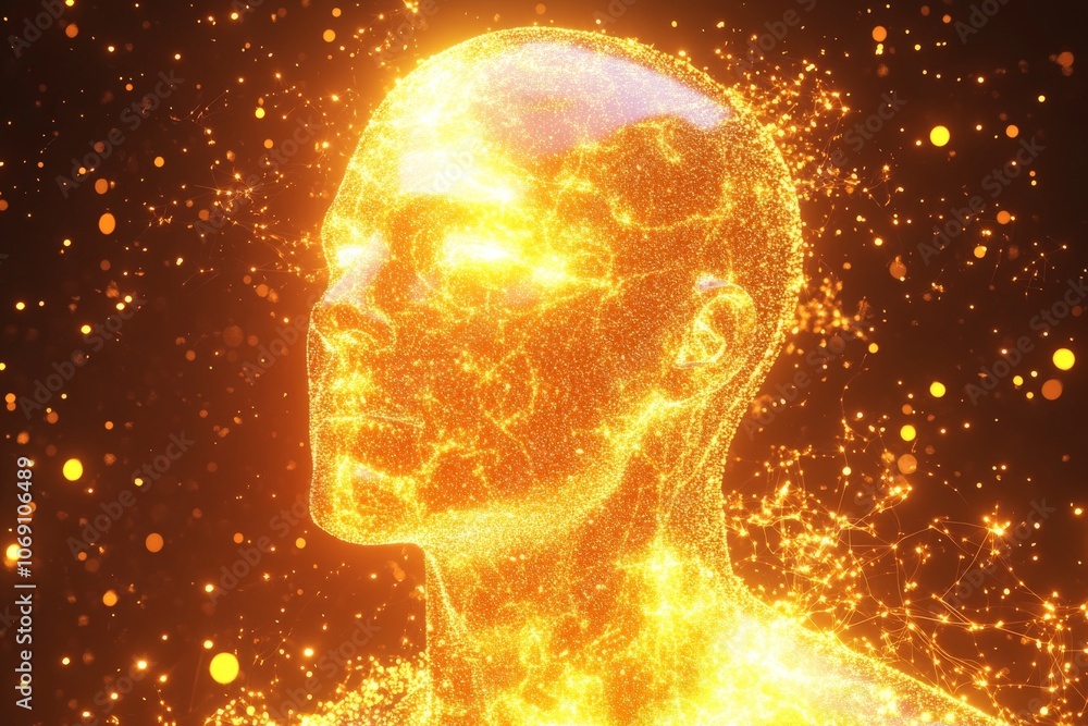 Poster Digital face with flowing golden particles symbolizing digital identity virtual reality and modern artistic expression in a glowing aesthetic