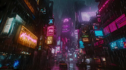 Naklejka premium Bustling cyberpunk night scene: neon signs illuminate towering buildings, raindrops dance on the pavement, capturing the essence of a futuristic metropolis. Cyberpunk. Illustration