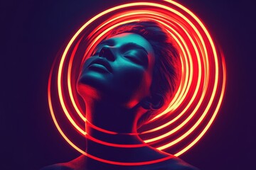 Obraz premium Woman with neon spiral light around head representing modern creativity nightlife and expressive self identity in a futuristic digital art style