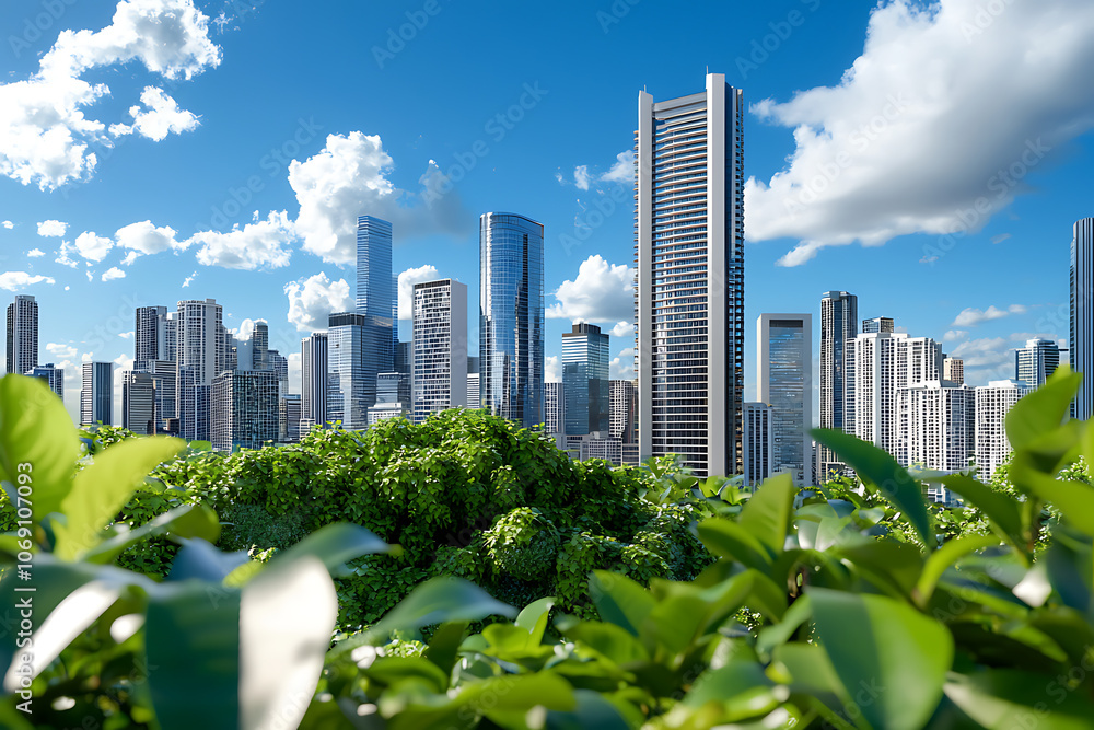 Poster innovative urban skylines merging architecture and green spaces for a sustainable future